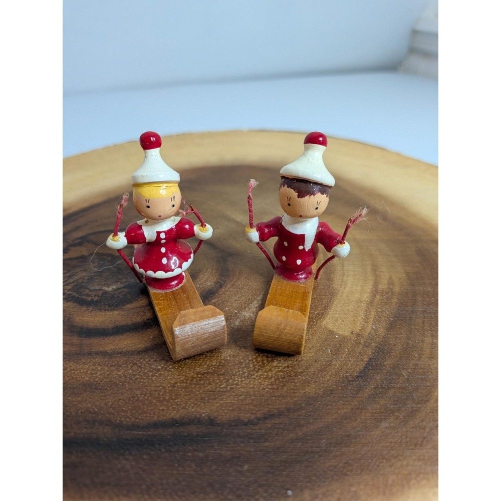 Vintage Set of 2 Wooden Skiing Ornaments 2.25 Inches Boy & Girl